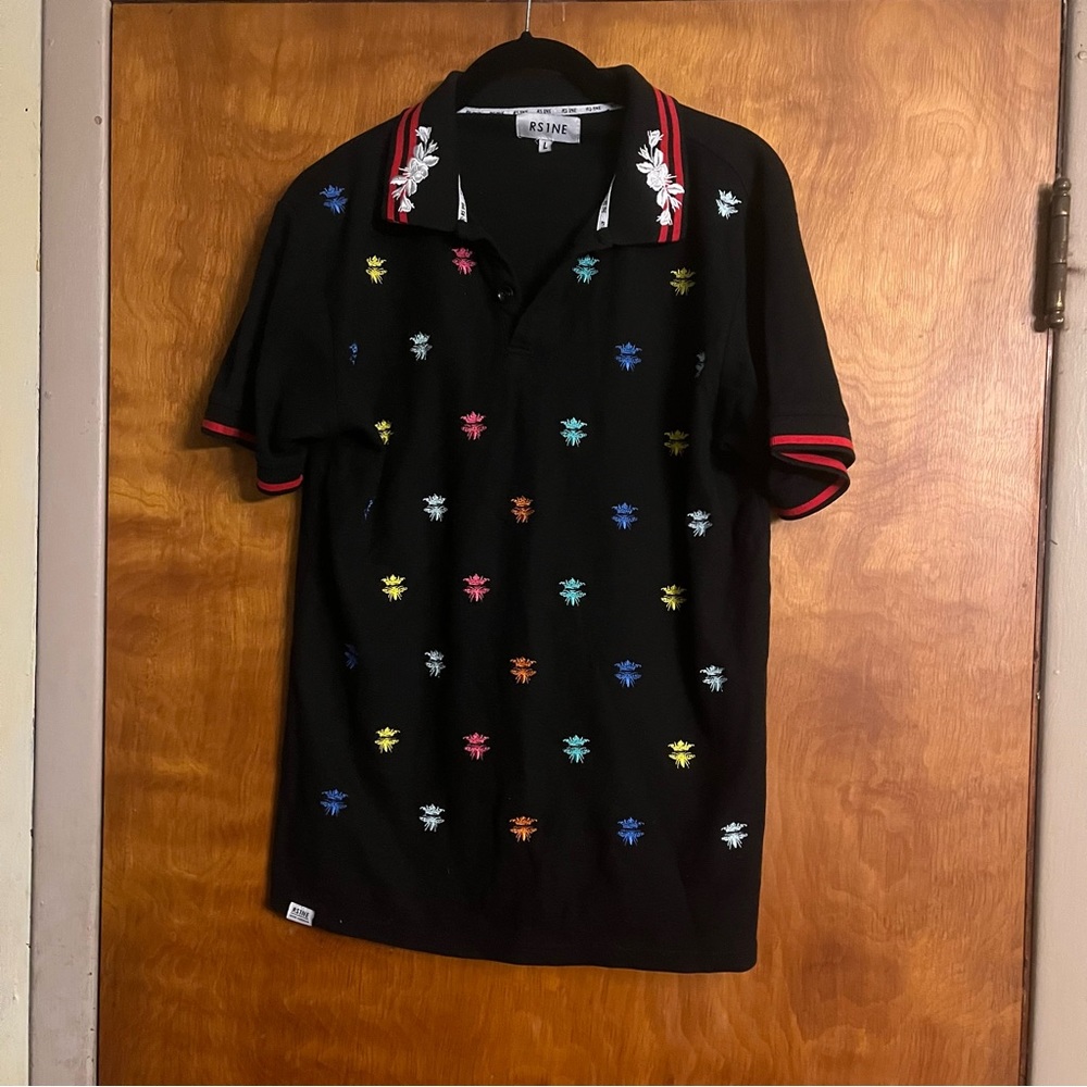 RS1NE Polo Short Sleeve Shirt L Mens Black Embroidered Bee Rose Casual Knit